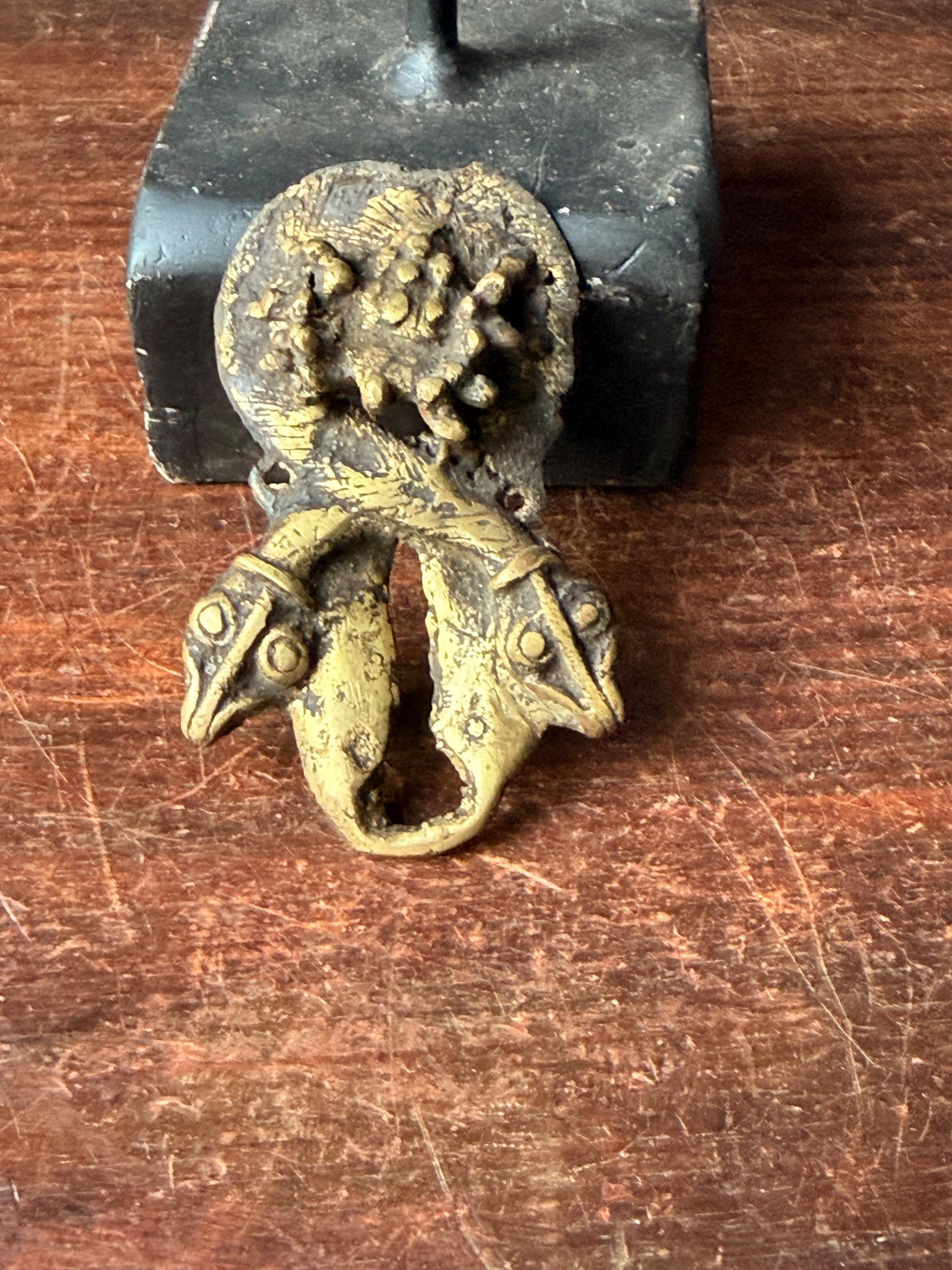 Bamileke Cast Brass Double Headed Serpent Emblem Vintage African Bronze