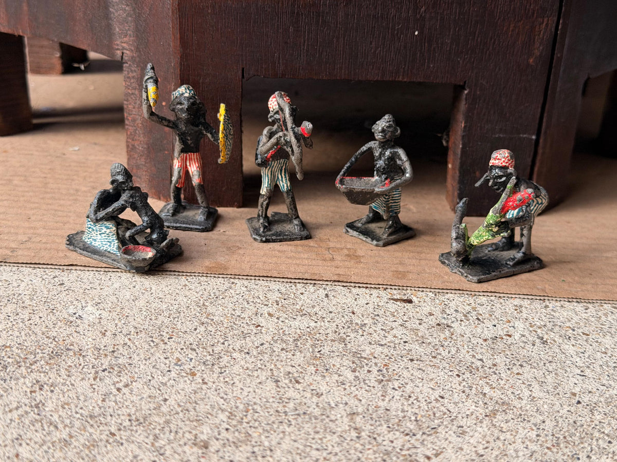 Vintage Painted Cast Metal Miniature Tribal Figure Set African Folk Art 5pc