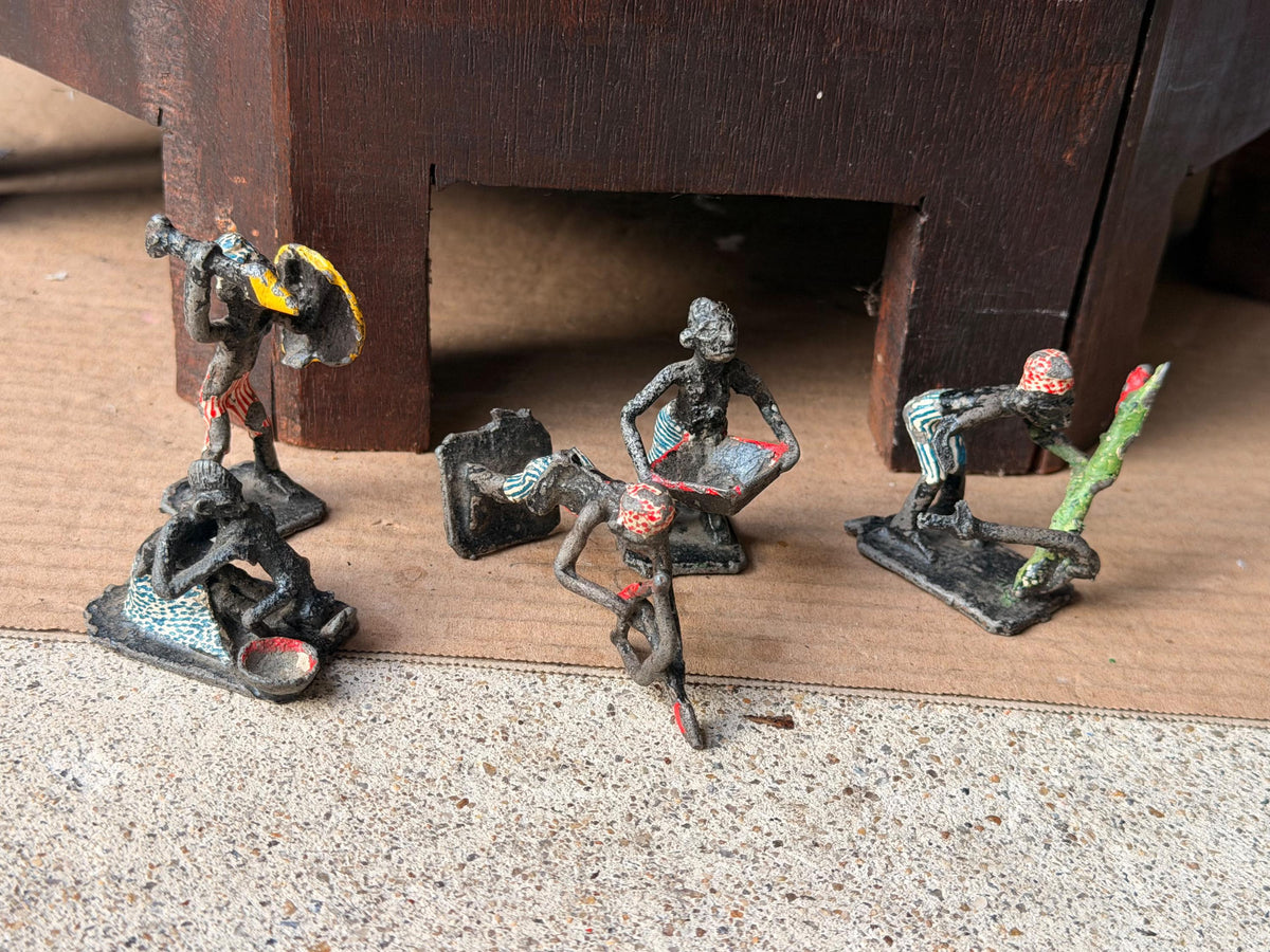 Vintage Painted Cast Metal Miniature Tribal Figure Set African Folk Art 5pc