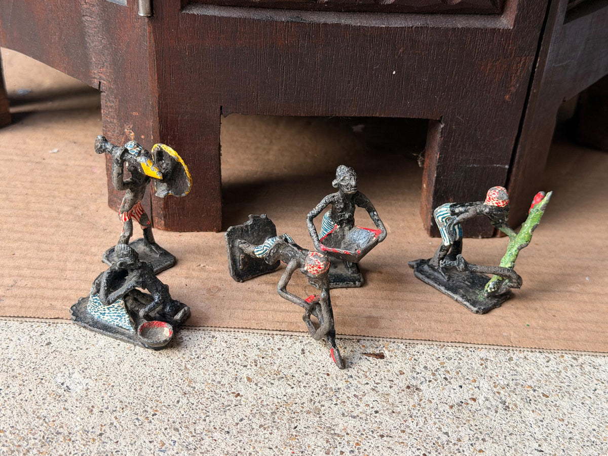 Vintage Painted Cast Metal Miniature Tribal Figure Set African Folk Art 5pc