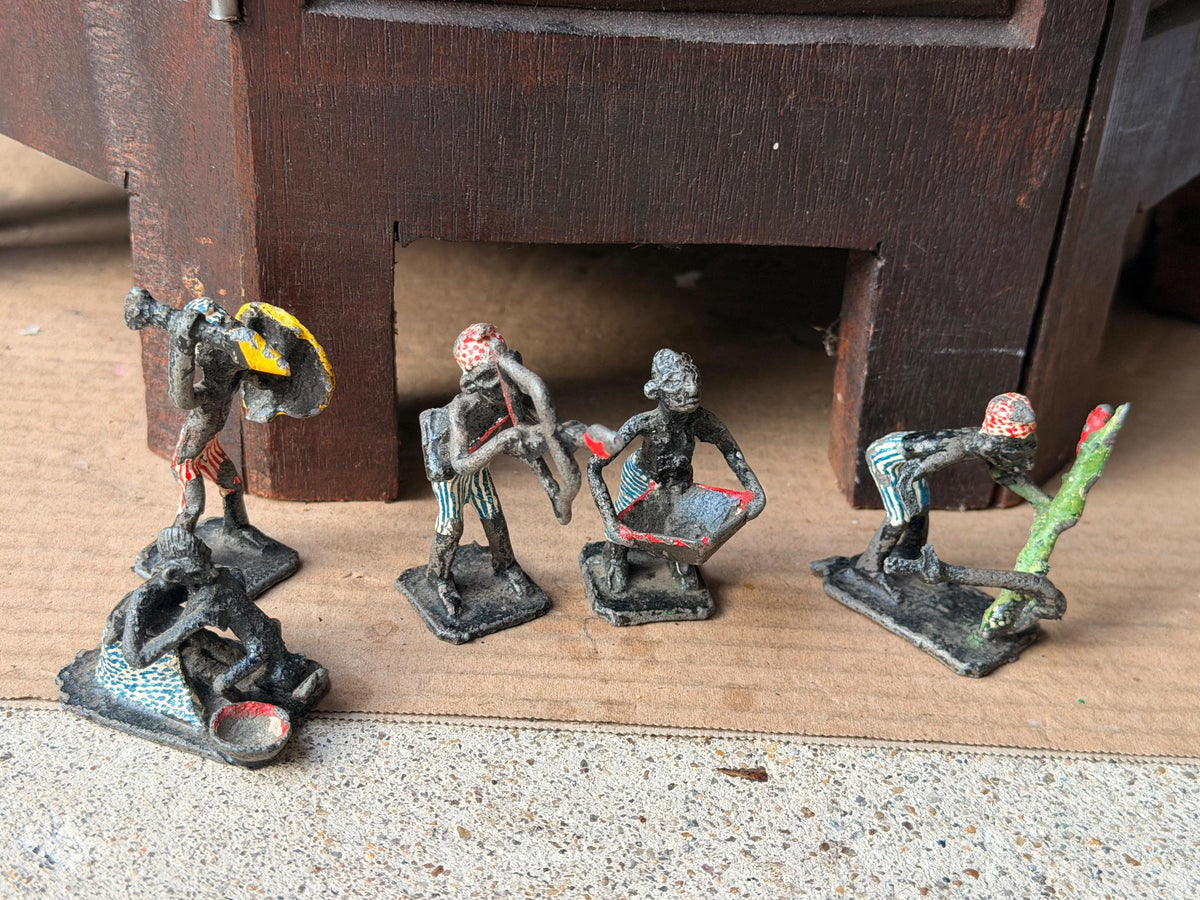 Vintage Painted Cast Metal Miniature Tribal Figure Set African Folk Art 5pc