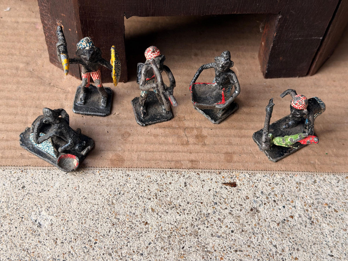 Vintage Painted Cast Metal Miniature Tribal Figure Set African Folk Art 5pc