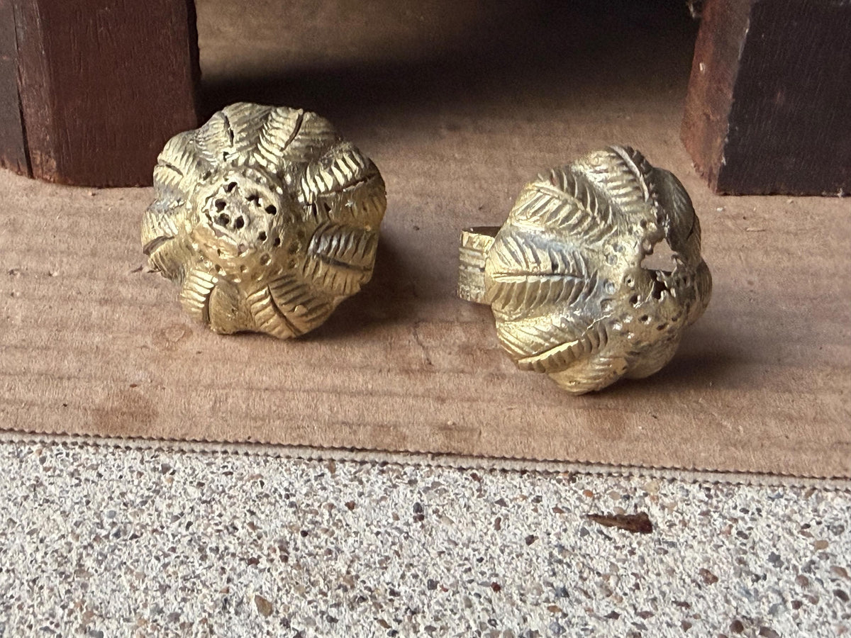 Pair Vintage Akan Ashanti Lost Wax Cast Brass Lobed Seed Pod Rings West Africa