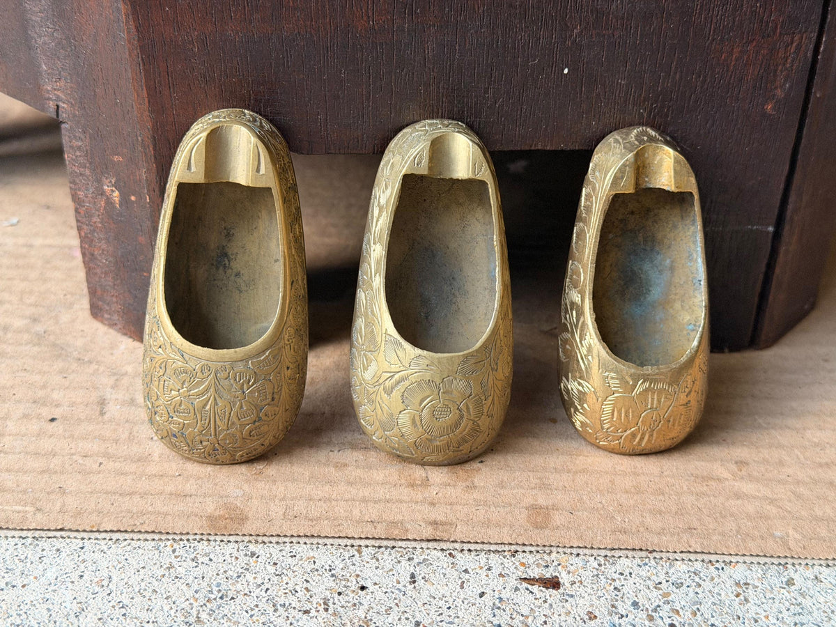 Vintage Brass Shoe Slipper Vessel Set Engraved Floral Trinket Ashtrays India 3pc