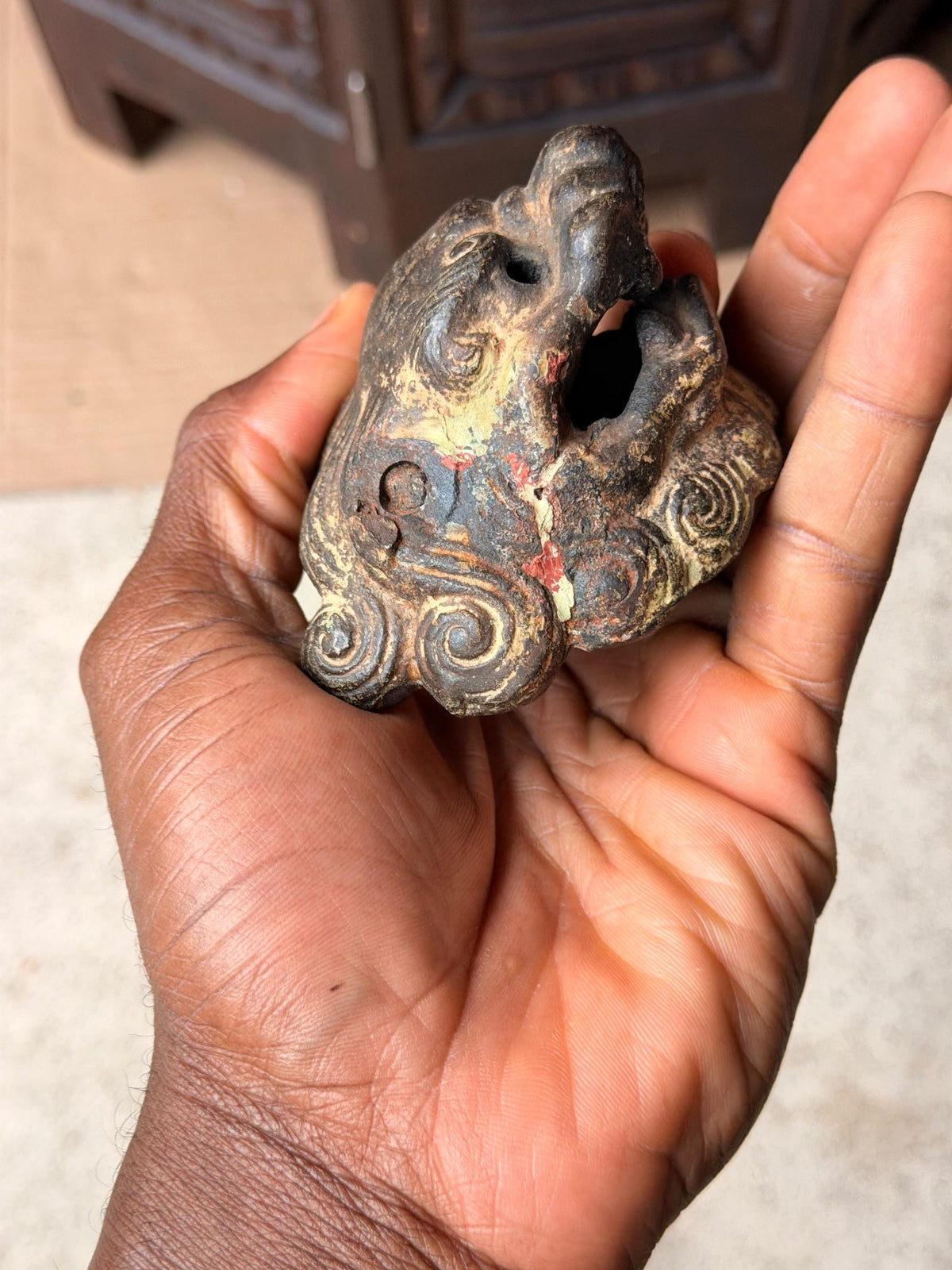 Vintage Cast Iron Foo Dog Shishi Head Censer Lid Gilded Asian Guardian Lion 3"