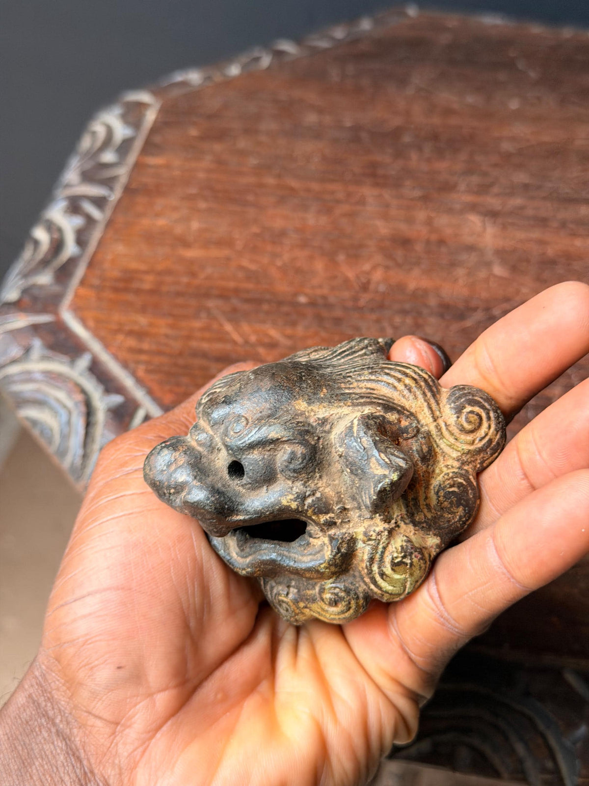 Vintage Cast Iron Foo Dog Shishi Head Censer Lid Gilded Asian Guardian Lion 3"