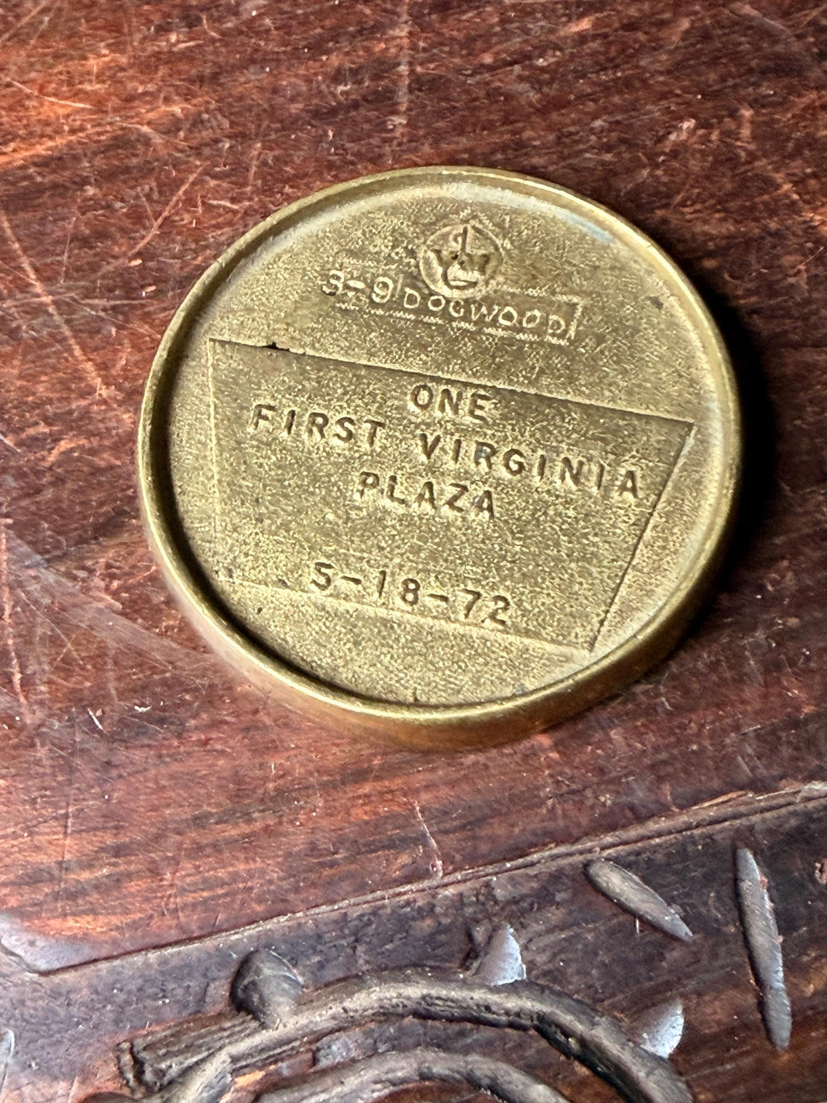 Vintage 1972 First Virginia Bank Brass Dogwood Commemorative Paperweight Token