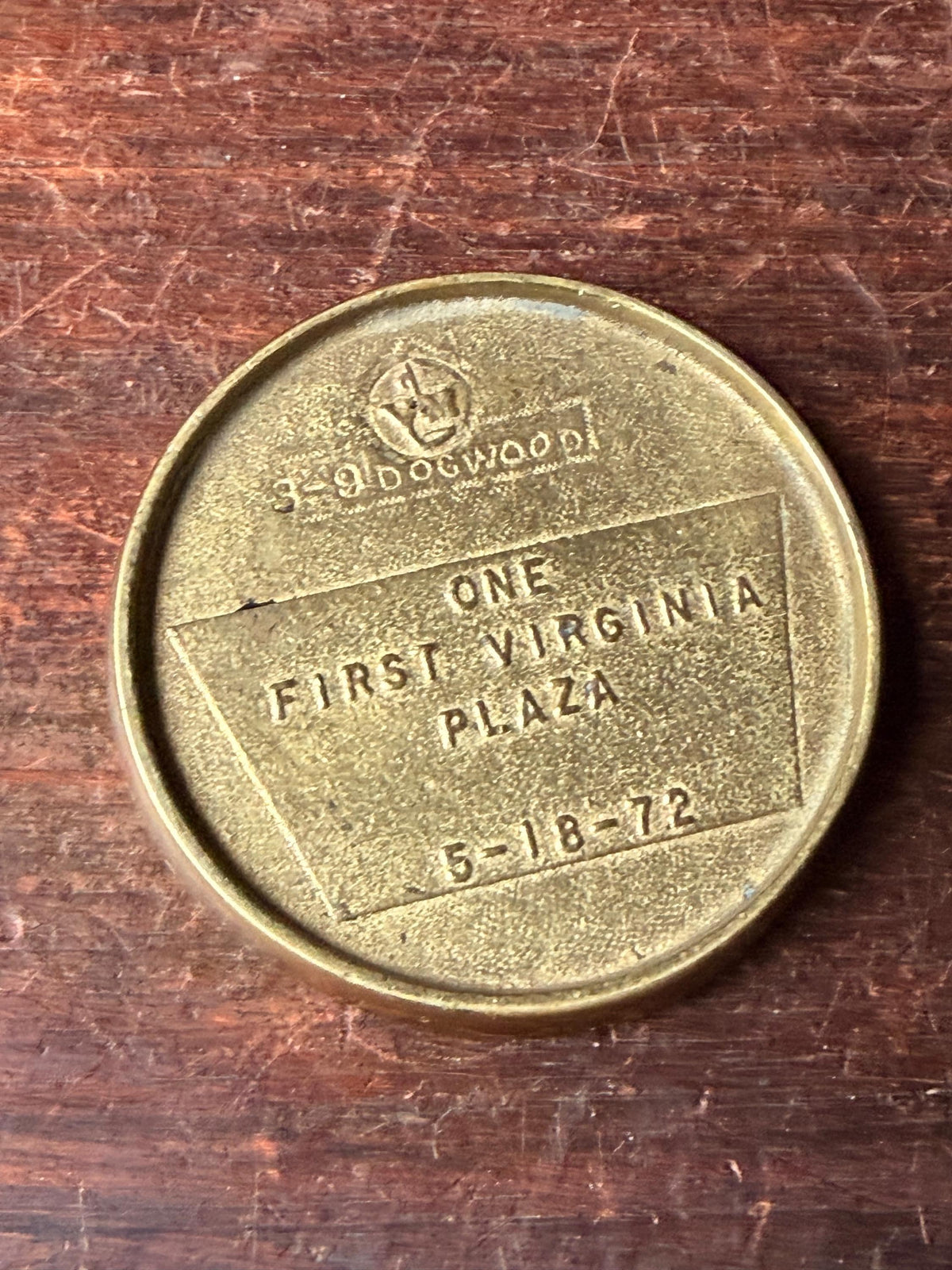 Vintage 1972 First Virginia Bank Brass Dogwood Commemorative Paperweight Token