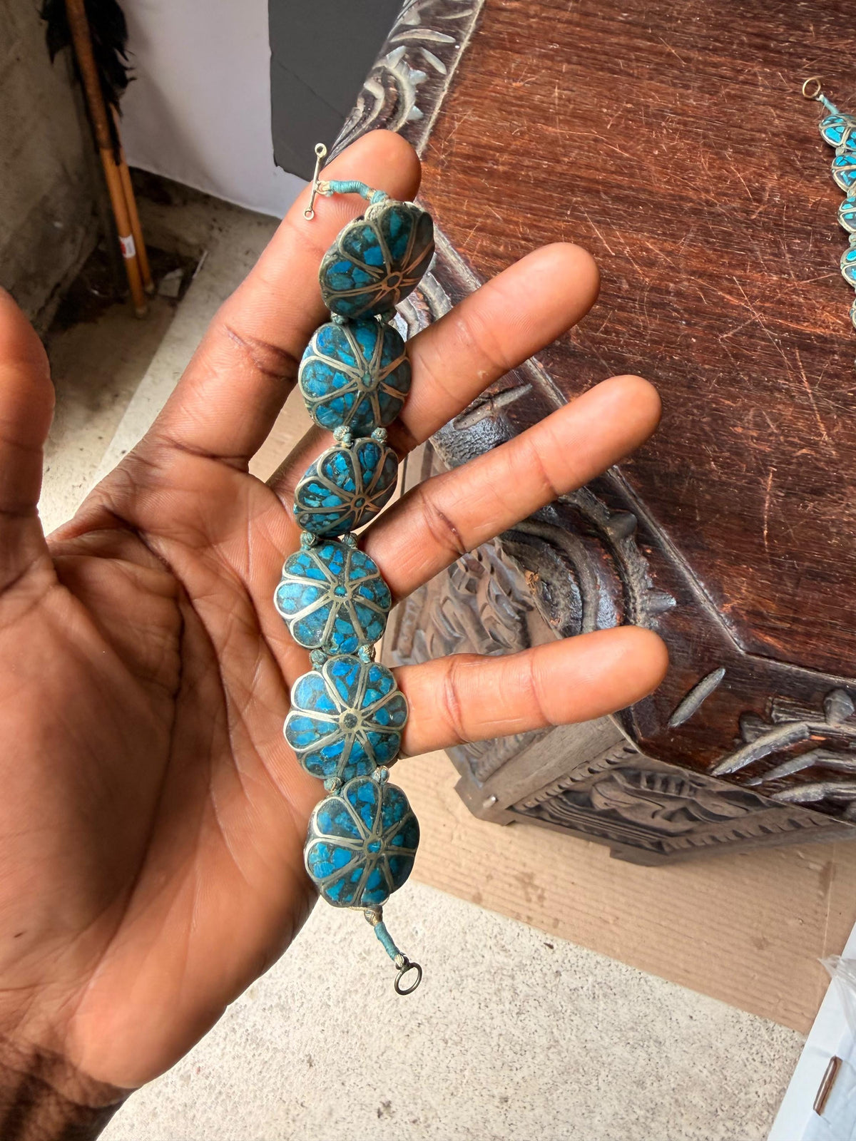 Vintage India Mosaic Turquoise Bracelet Earring Set Tibetan Style Folk Jewelry