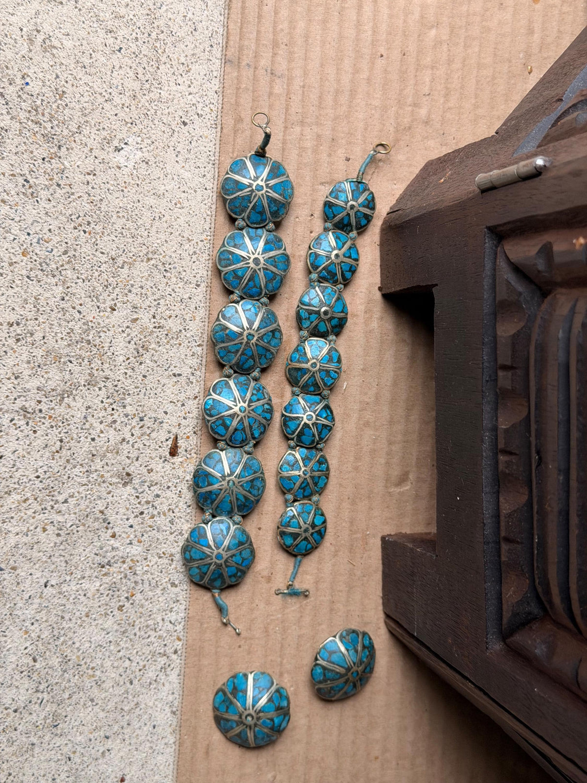 Vintage India Mosaic Turquoise Bracelet Earring Set Tibetan Style Folk Jewelry