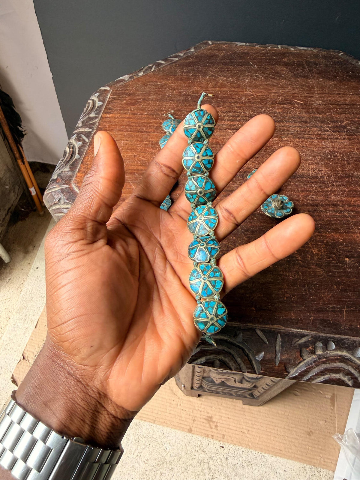 Vintage India Mosaic Turquoise Bracelet Earring Set Tibetan Style Folk Jewelry