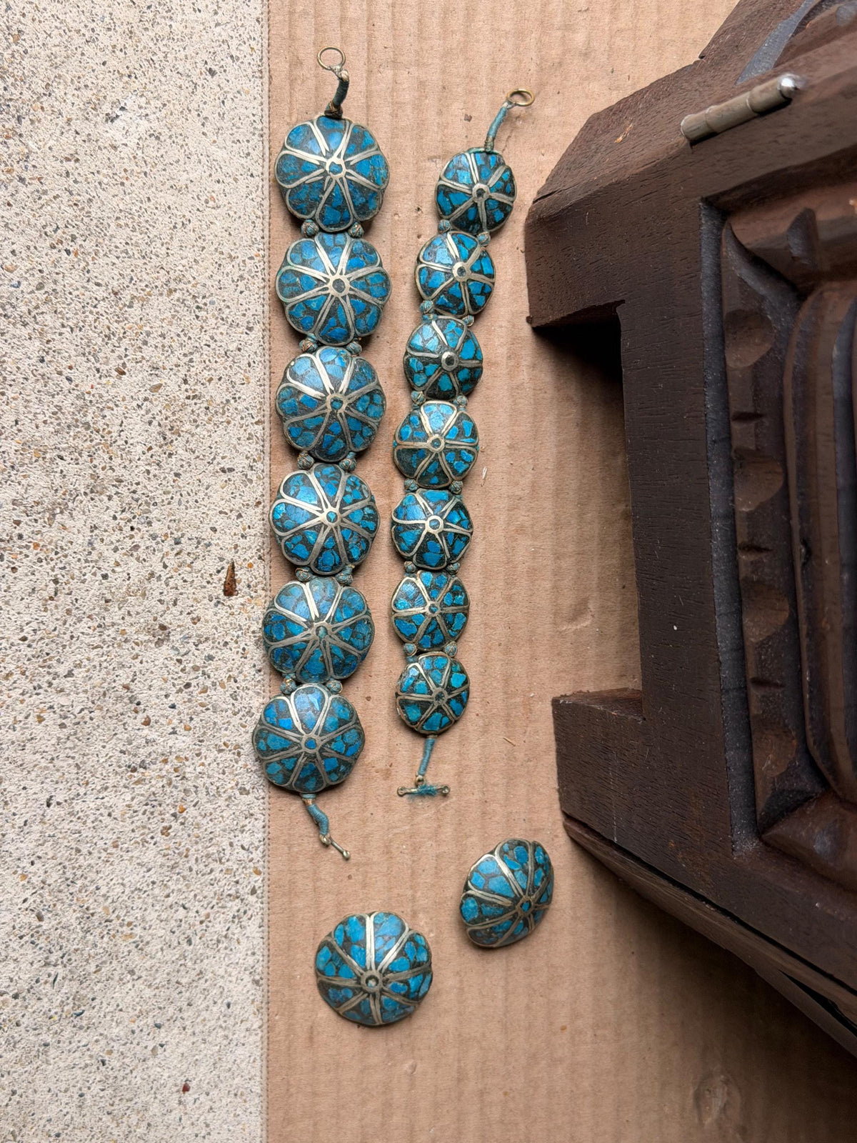 Vintage India Mosaic Turquoise Bracelet Earring Set Tibetan Style Folk Jewelry