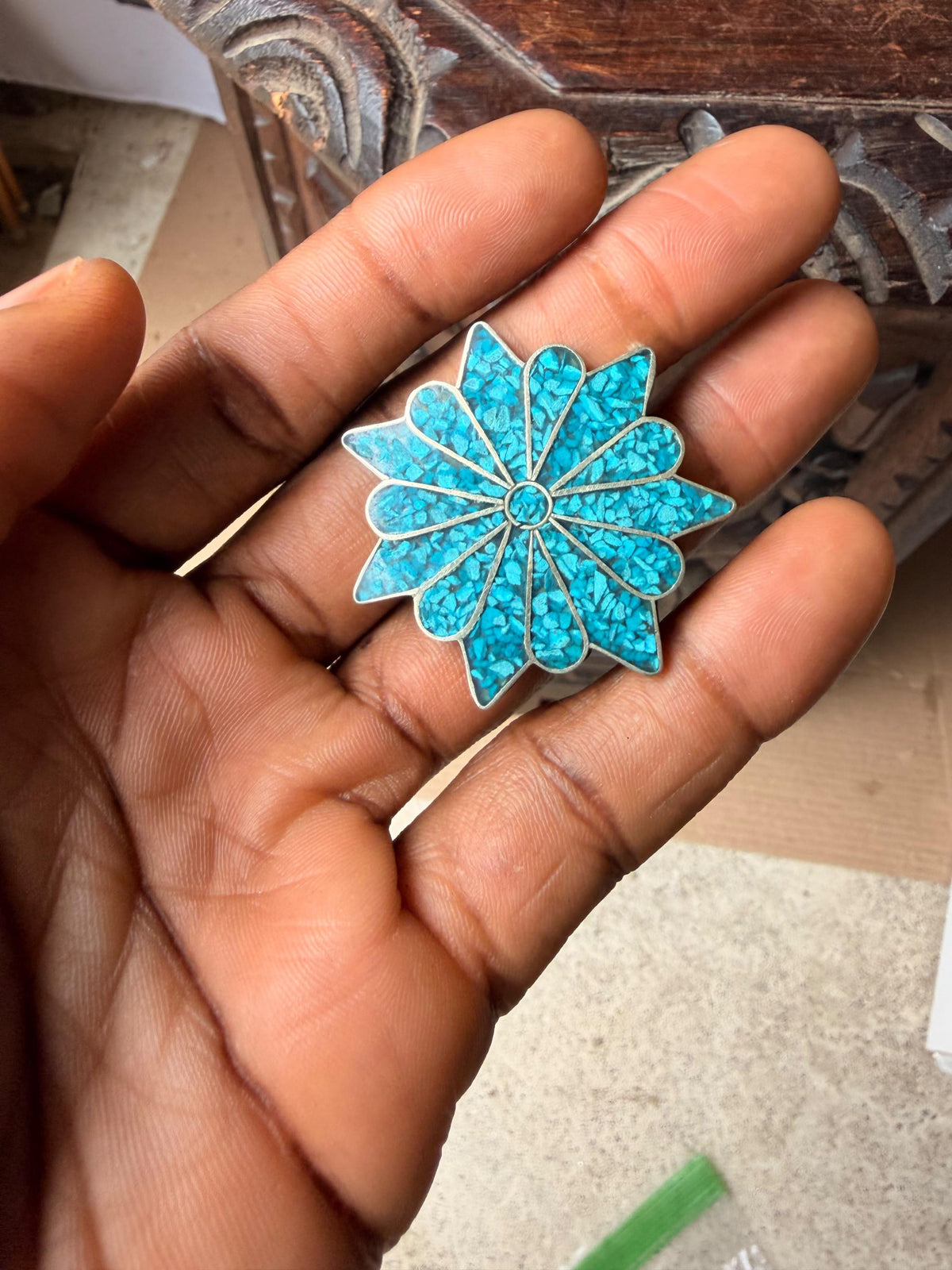 Vintage Mexican Turquoise Chip Inlay Sunburst Brooch Pin Alpaca Mexico 1.8x1.7