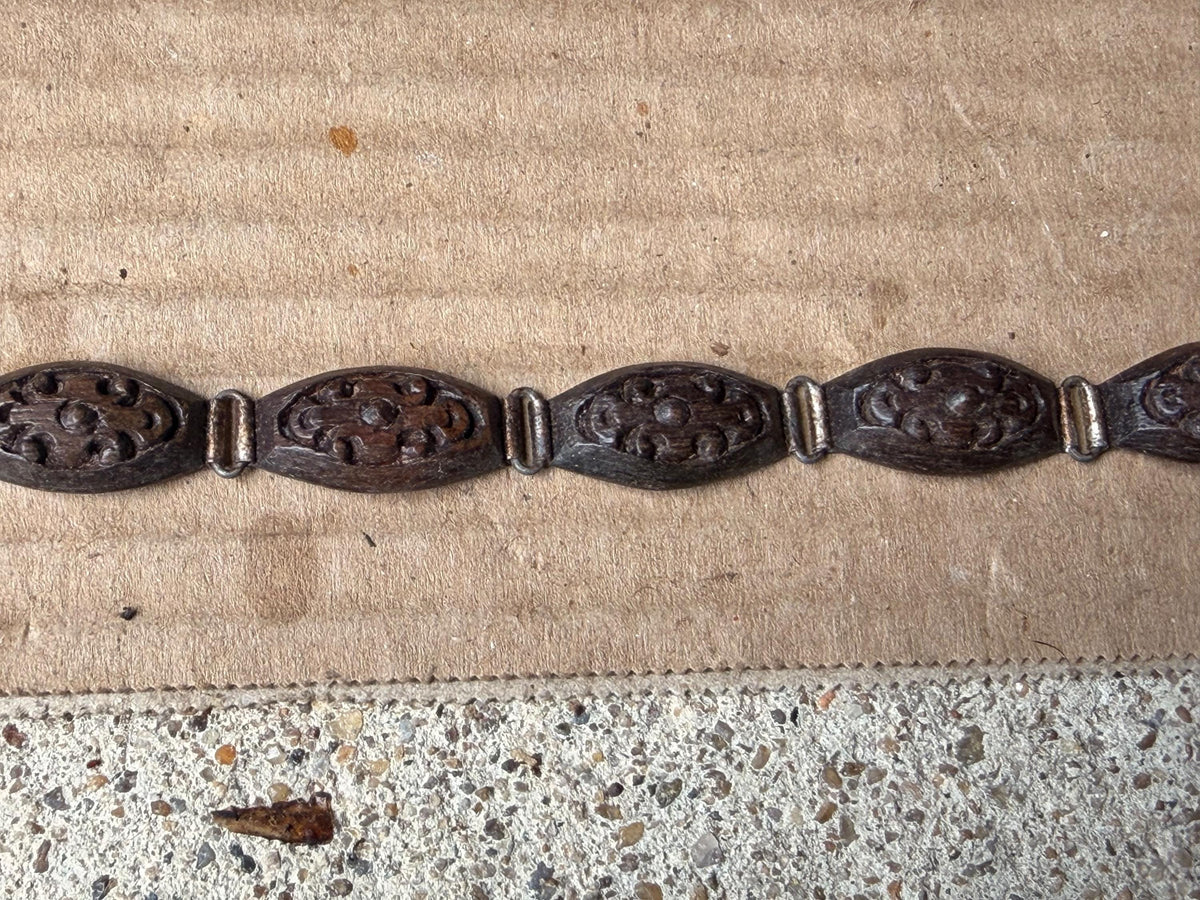 Vintage Carved Wood Link Bracelet Riveted Metal Back Marquise Relief Panel 7"