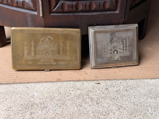 Vintage WWII India Map Taj Mahal Engraved Brass & Metal Pocket Card Cases Pair