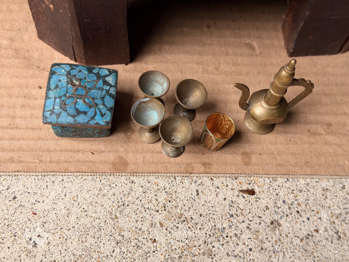 Vintage Miniature Brass Pitcher Set Turquoise Inlay Box Goblets Silk Road Art