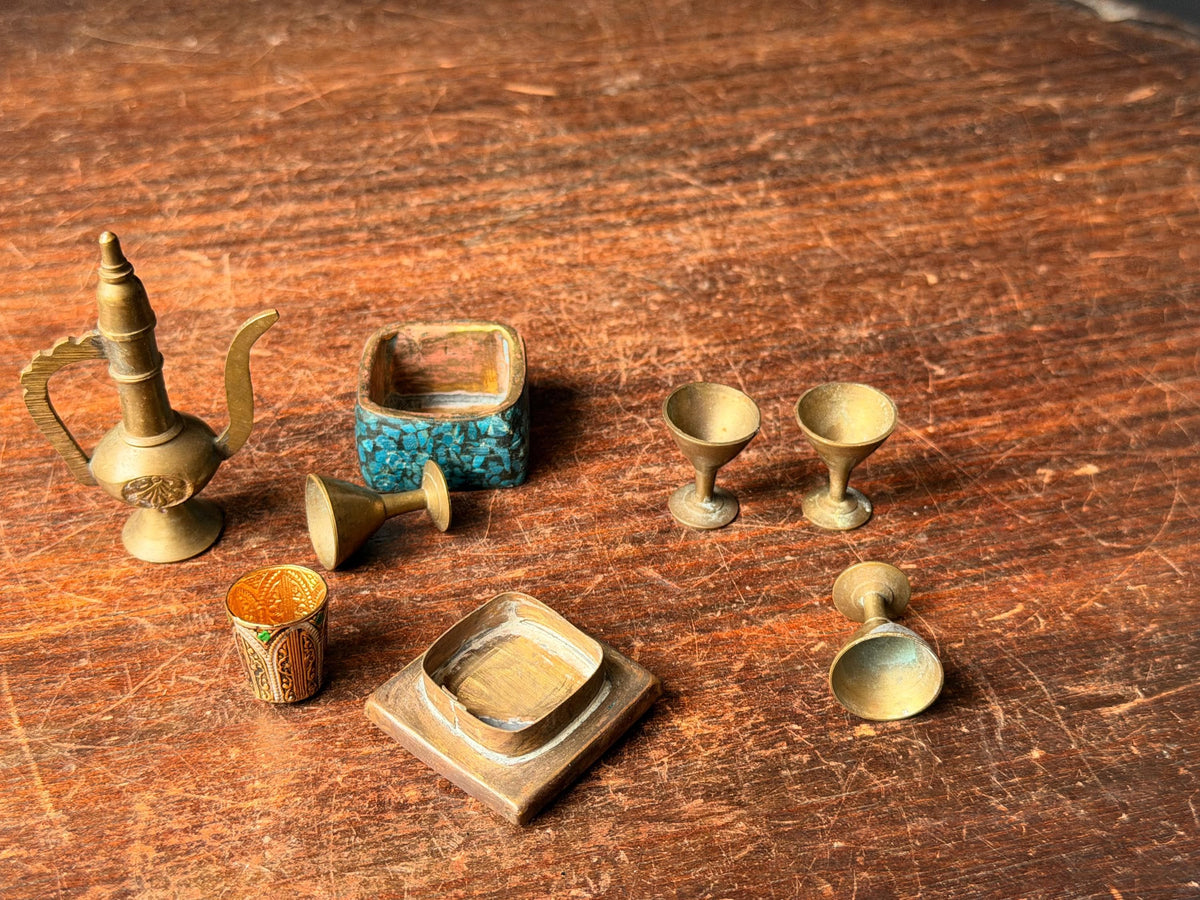Vintage Miniature Brass Pitcher Set Turquoise Inlay Box Goblets Silk Road Art