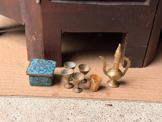 Vintage Miniature Brass Pitcher Set Turquoise Inlay Box Goblets Silk Road Art