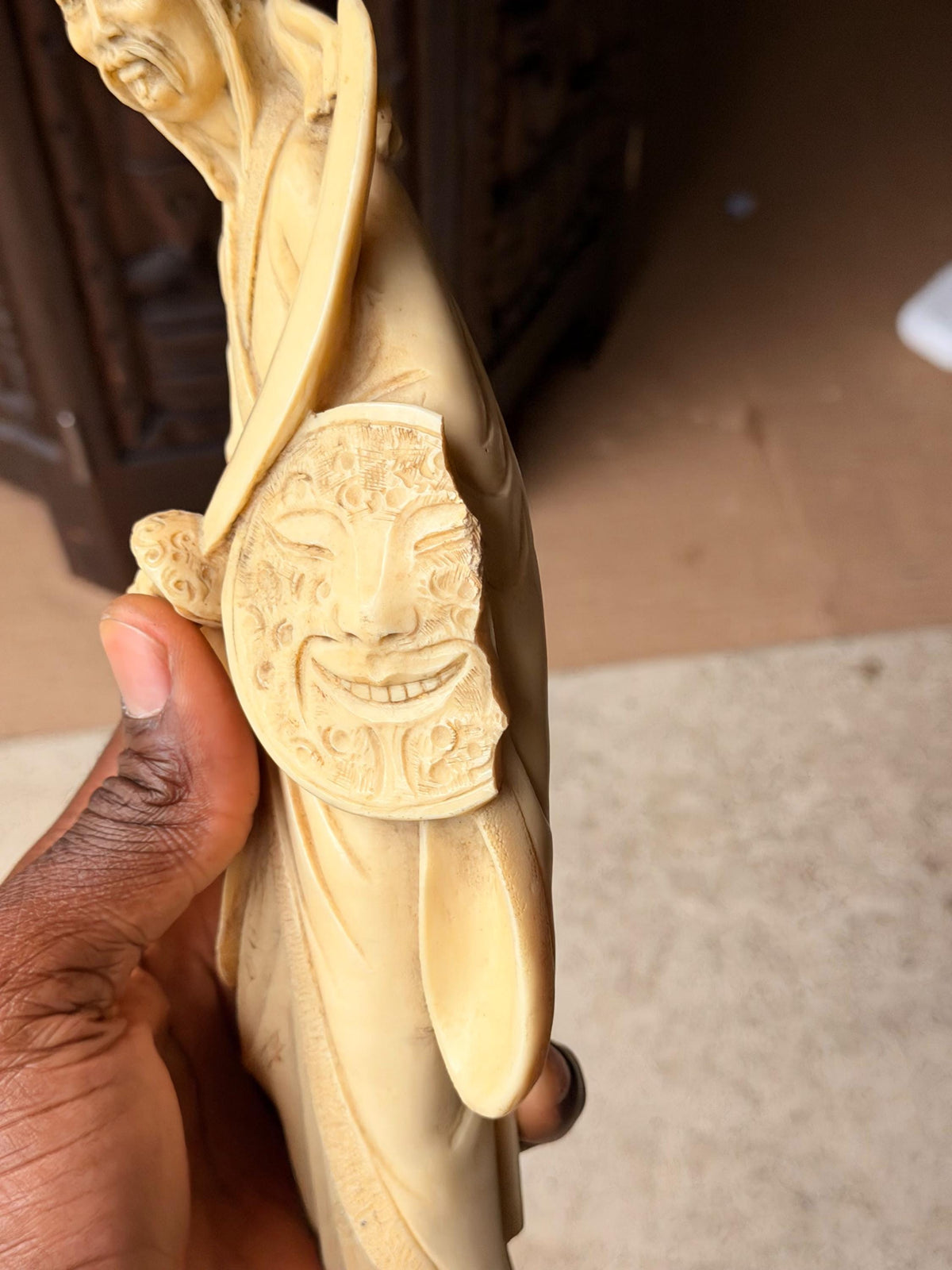 Vintage Carved Faux Bone Warrior Figure Dao Sword Mask Shield Asian Art 13.5"