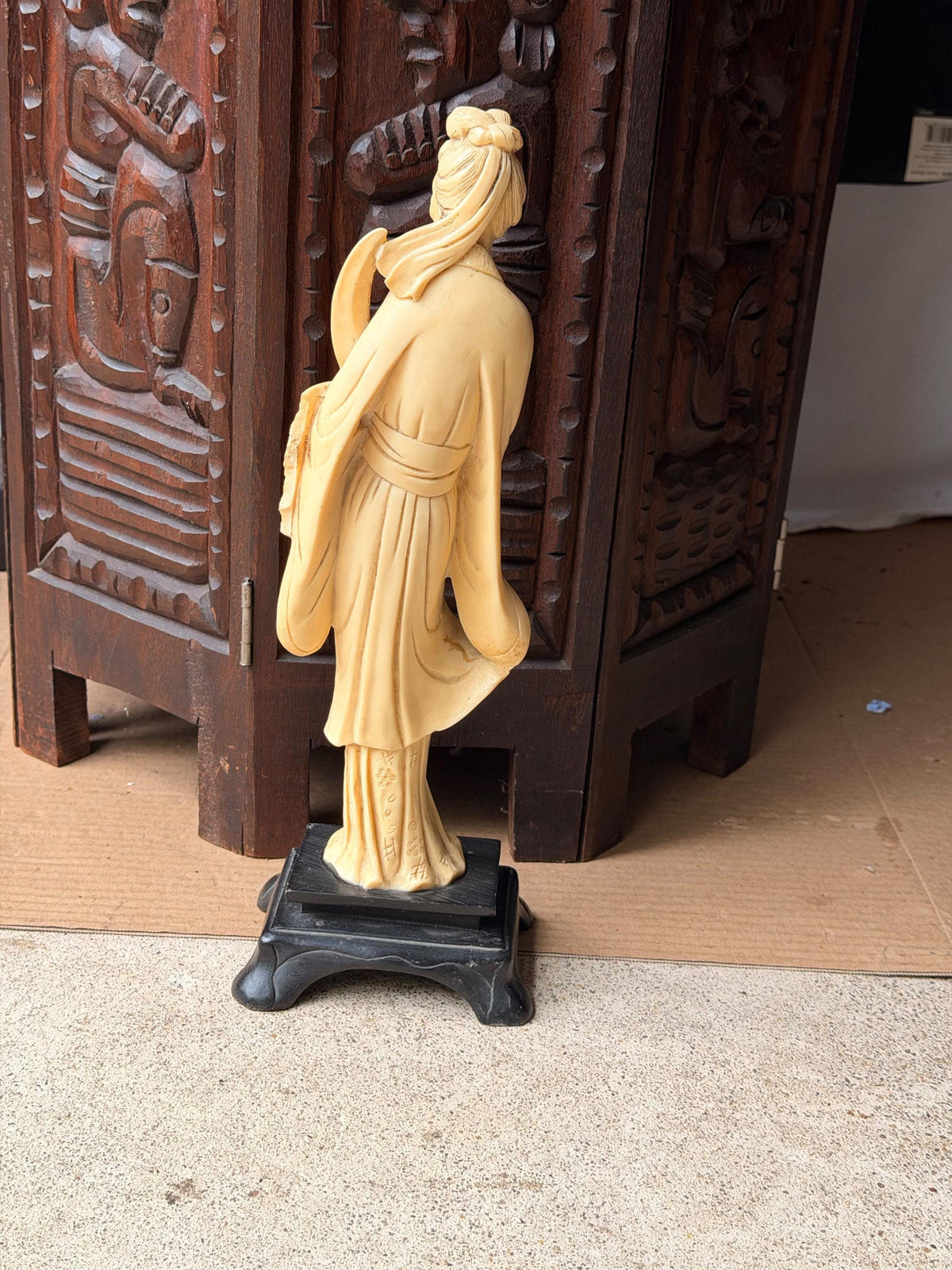 Vintage Carved Faux Bone Warrior Figure Dao Sword Mask Shield Asian Art 13.5"
