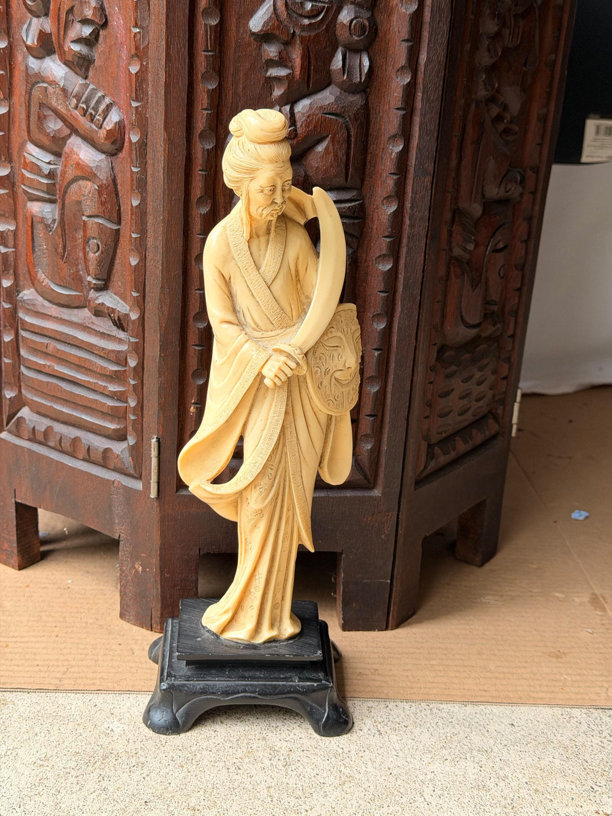 Vintage Carved Faux Bone Warrior Figure Dao Sword Mask Shield Asian Art 13.5"