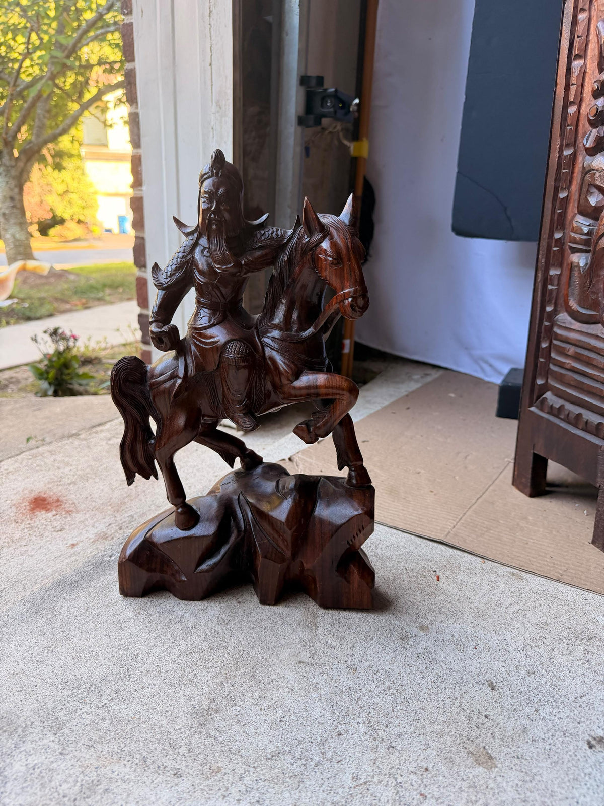Vintage Hand Carved Wood Guan Yu General on Horse Statue Chinese Art 14"