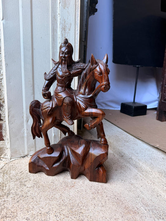 Vintage Hand Carved Wood Guan Yu General on Horse Statue Chinese Art 14"