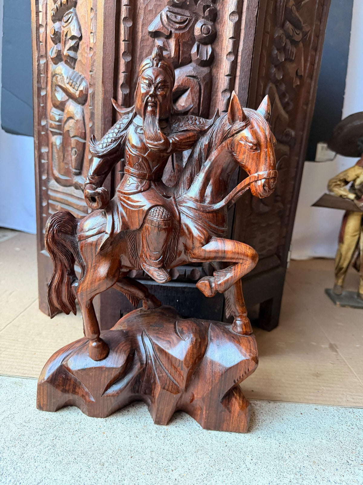 Vintage Hand Carved Wood Guan Yu General on Horse Statue Chinese Art 14"