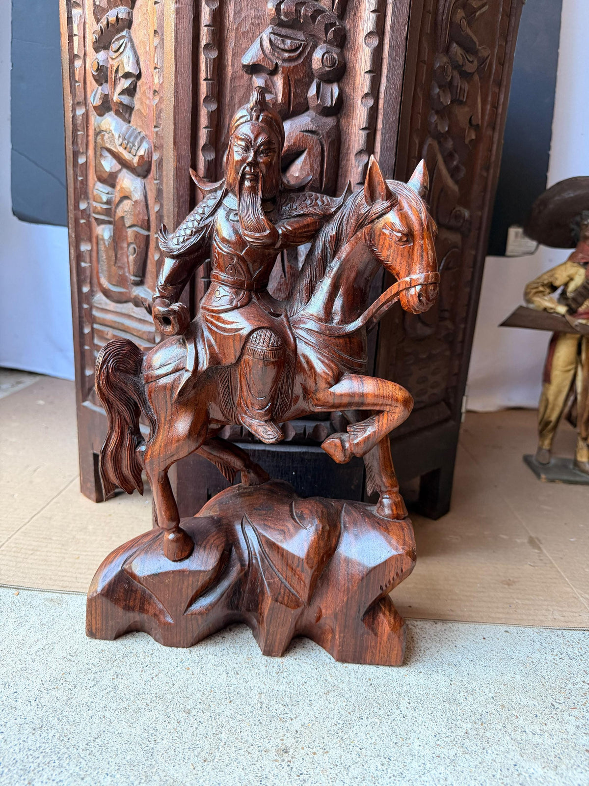 Vintage Hand Carved Wood Guan Yu General on Horse Statue Chinese Art 14"