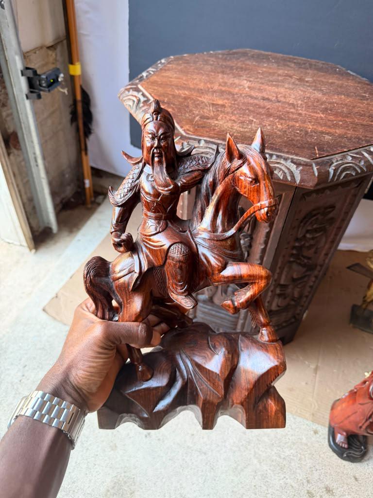 Vintage Hand Carved Wood Guan Yu General on Horse Statue Chinese Art 14"