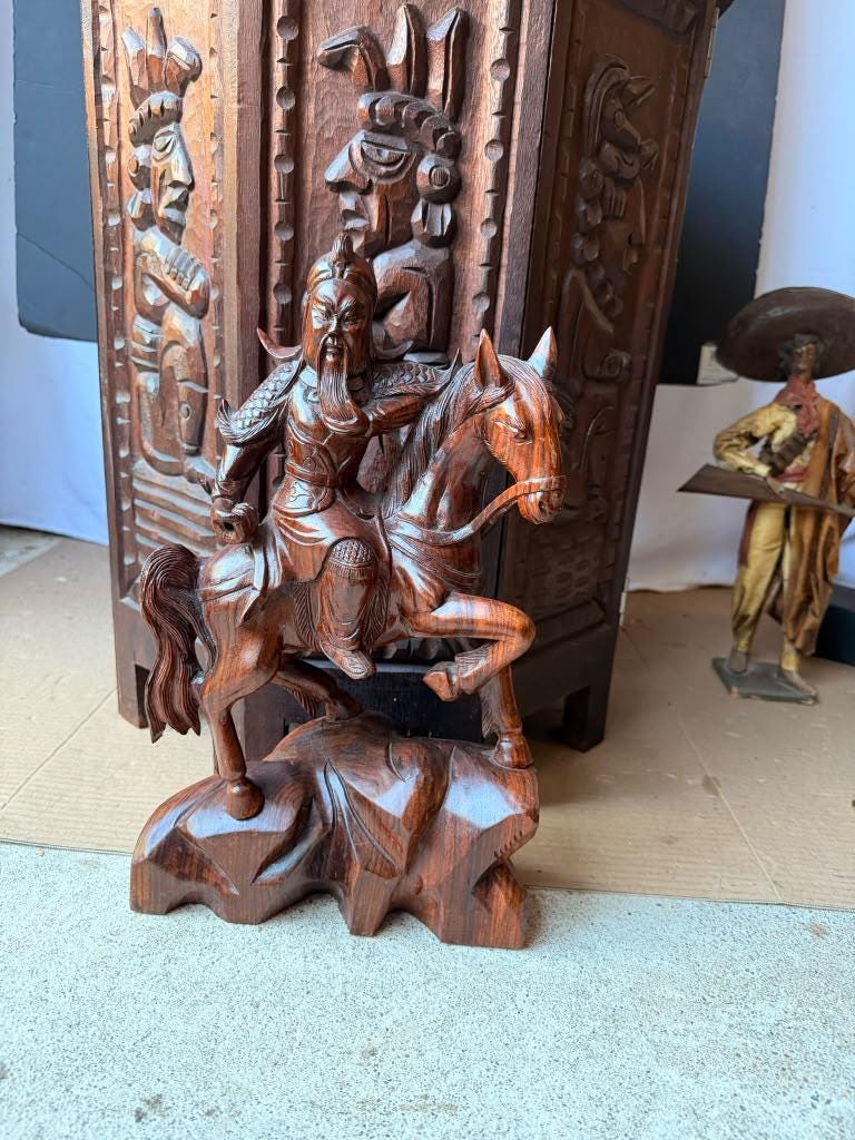Vintage Hand Carved Wood Guan Yu General on Horse Statue Chinese Art 14"