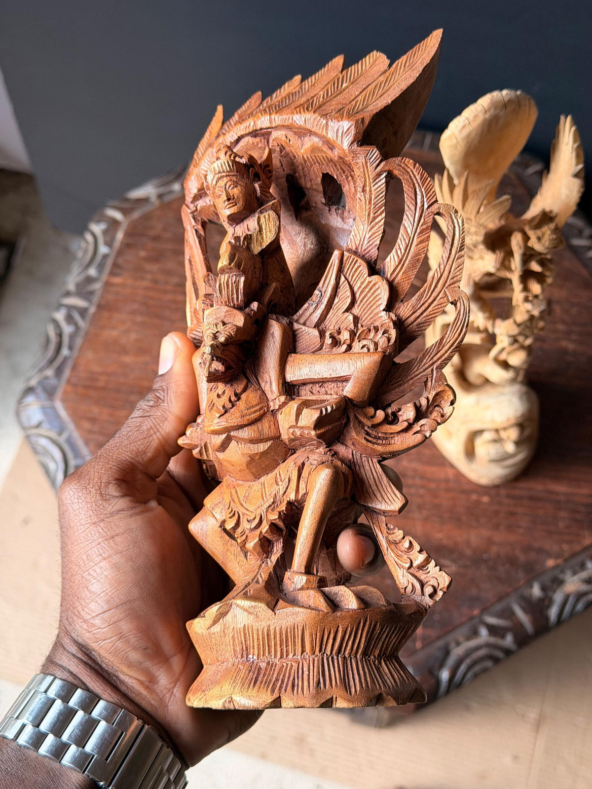 Vintage Balinese Carved Wood Statues Set Garuda Vishnu Sanur Bali Art 14"