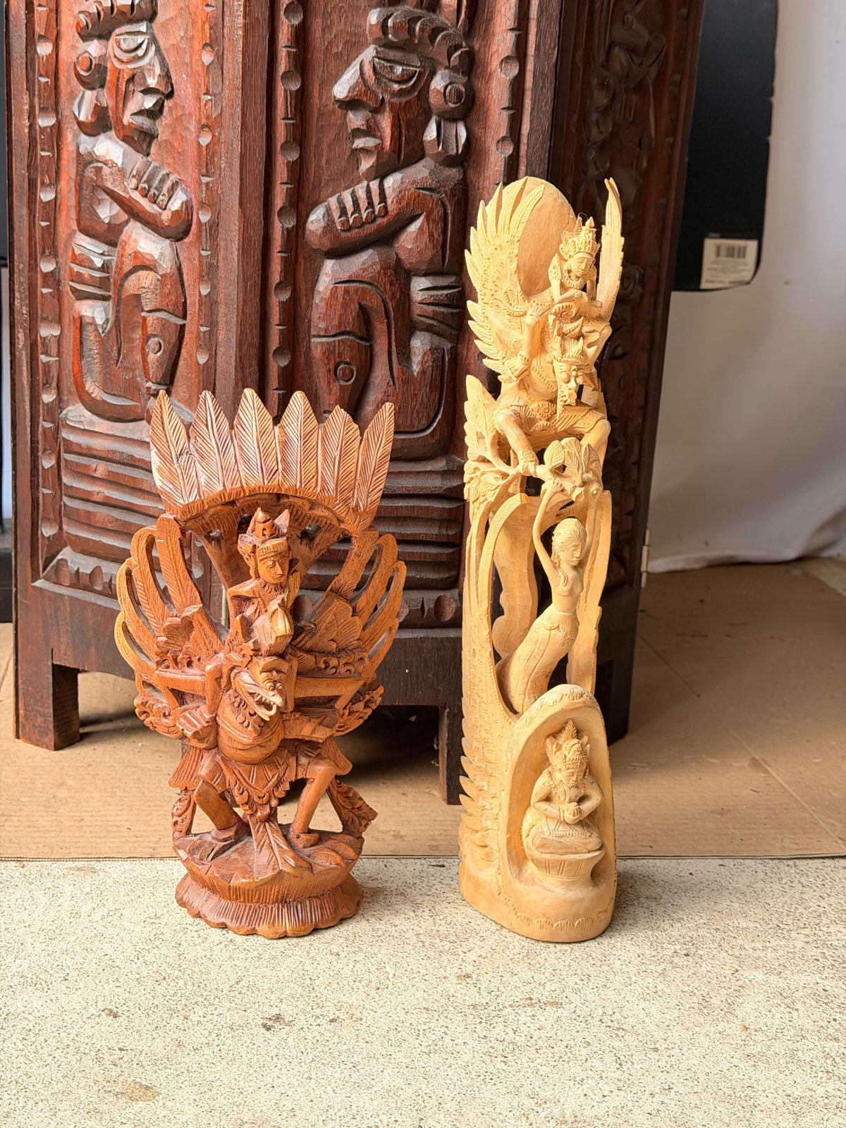 Vintage Balinese Carved Wood Statues Set Garuda Vishnu Sanur Bali Art 14"