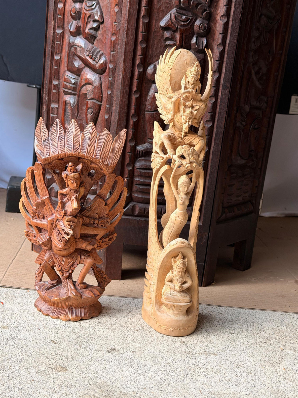 Vintage Balinese Carved Wood Statues Set Garuda Vishnu Sanur Bali Art 14"