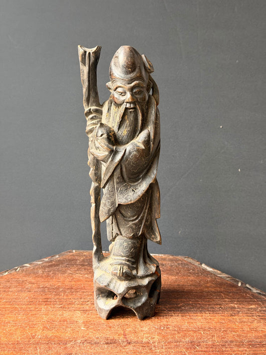 Vintage Chinese Wood Carved Shou Lao God of Longevity Staff Peach 13.5"