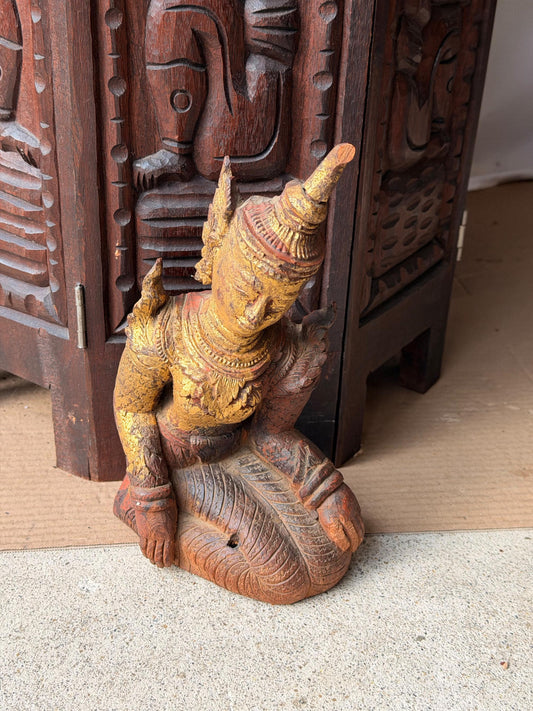 Thai Carved Wood Thepphanom Angel Statue, Gilded Kneeling Celestial Figure, Southeast Asian Temple Style Wall Carving