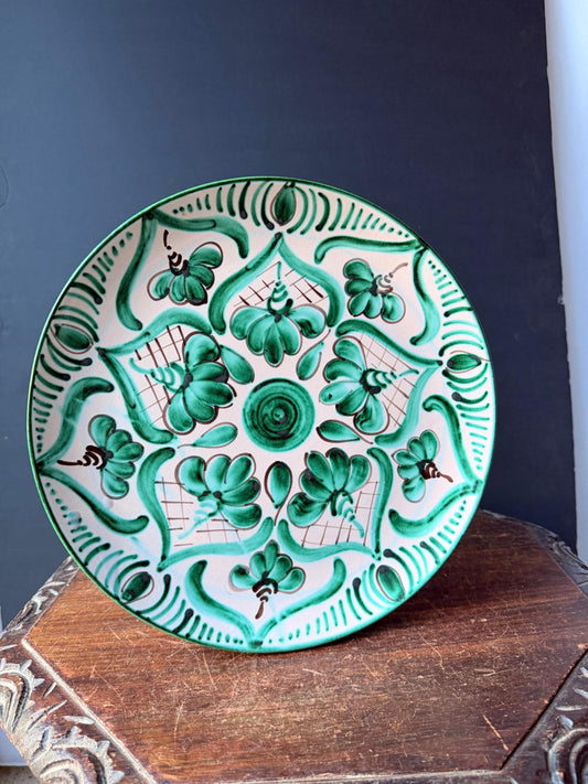Vintage Hand Painted Majolica Ceramic Wall Plate Charger Green Floral Motif 12.2
