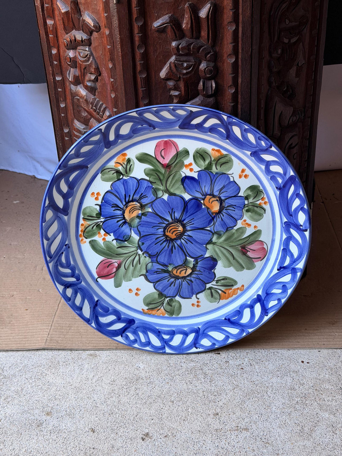 Vintage Hand Painted Majolica Ceramic Wall Plate Charger Blue Floral Motif 14"