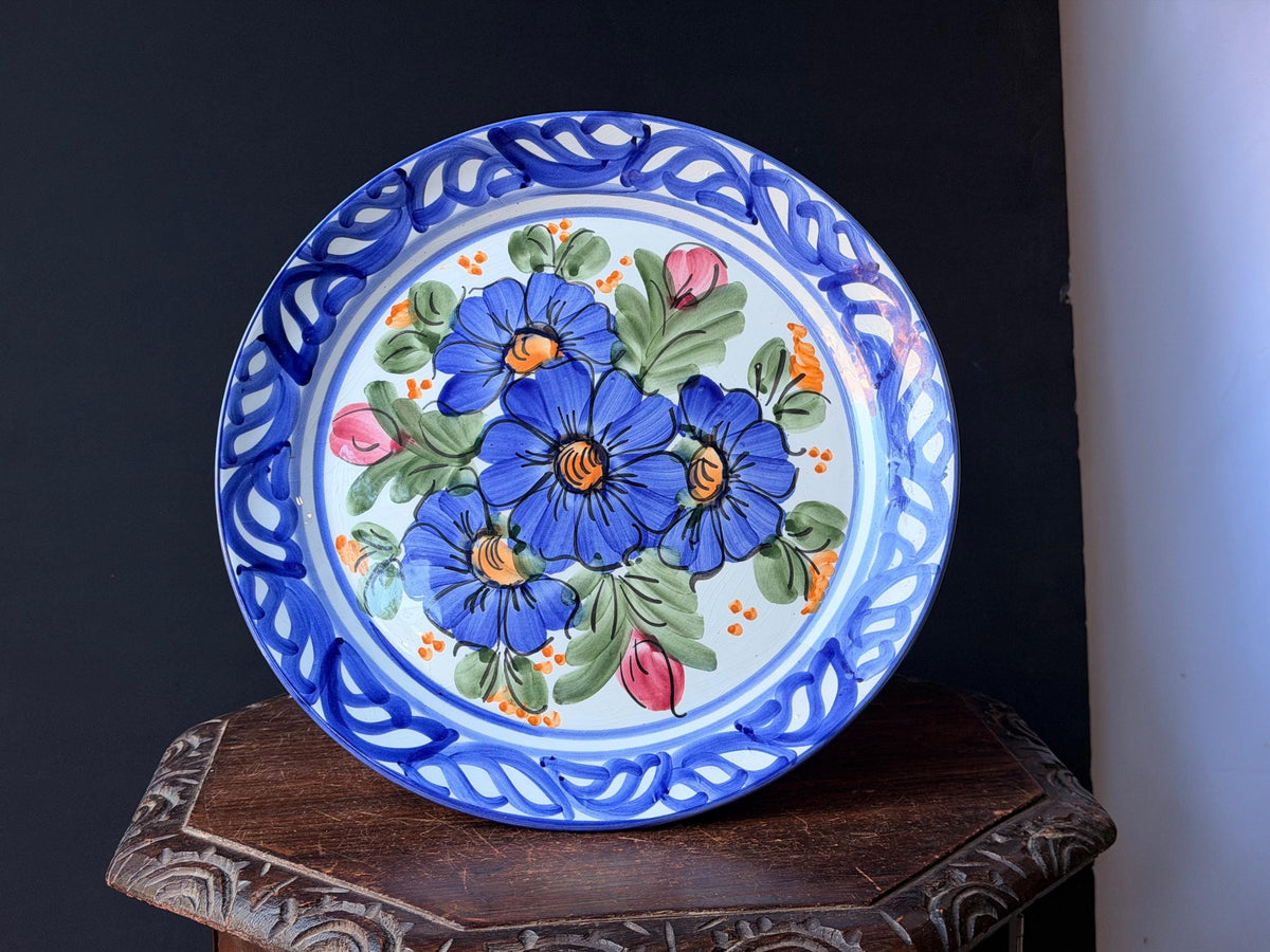 Vintage Hand Painted Majolica Ceramic Wall Plate Charger Blue Floral Motif 14"