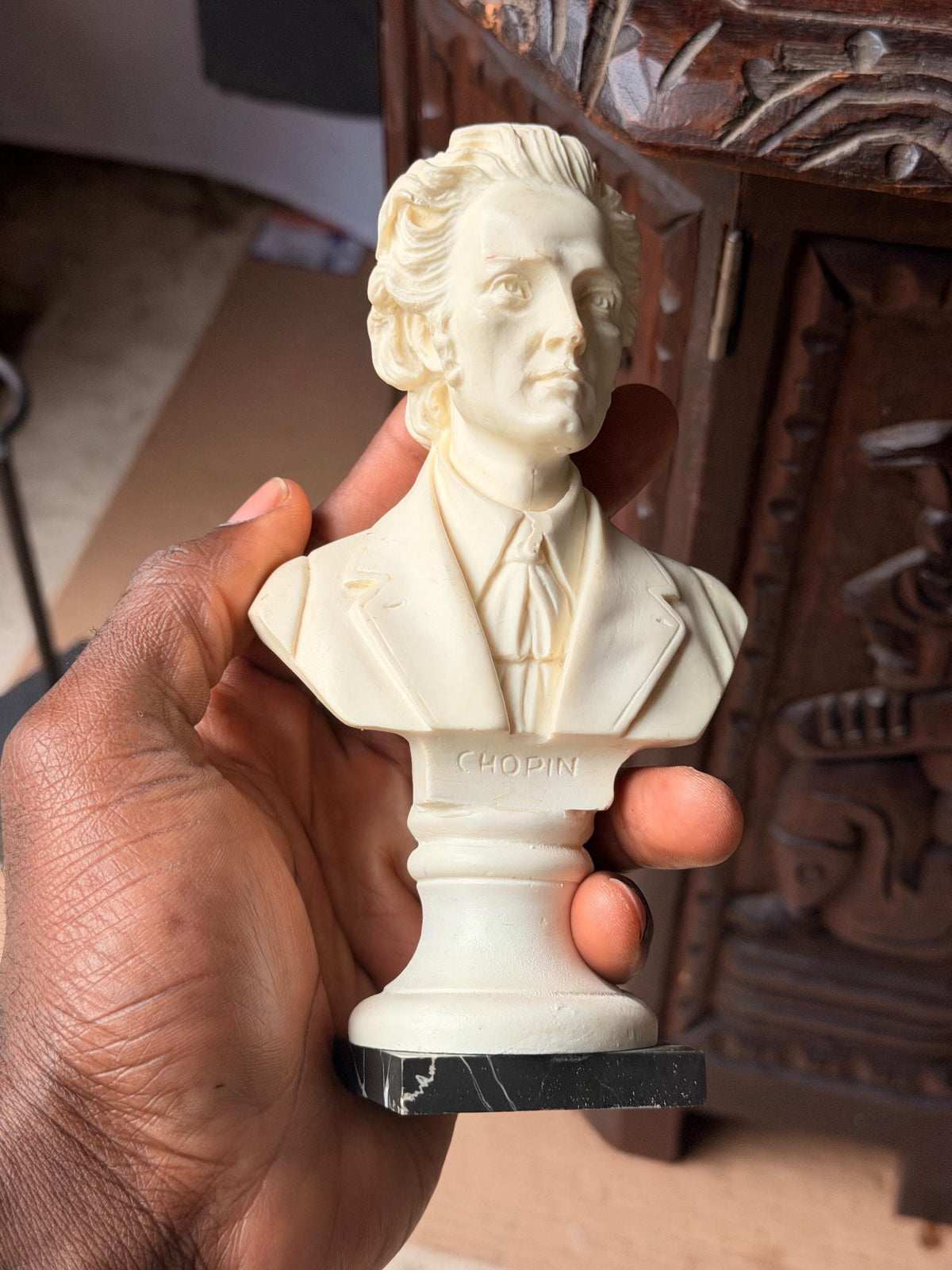 Vintage Italian Alabaster Chopin Bust Sculpture Black Marble Base Rico 6.5"