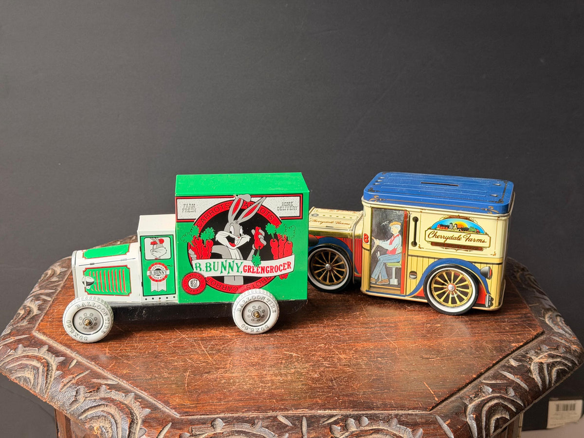 Vintage Mid-Century Tinplate Bugs Bunny & Cherrydale Farms Truck Pair 7.4 in