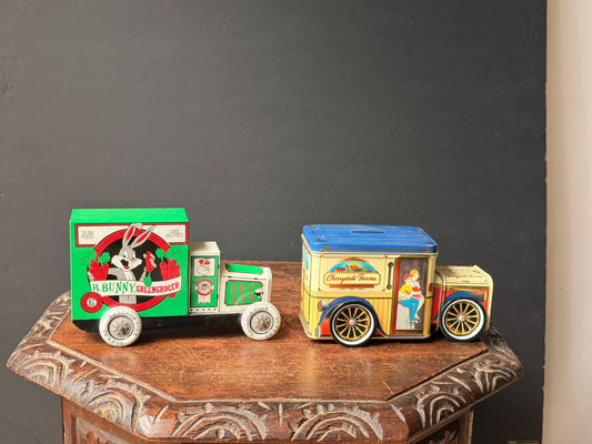 Vintage Mid-Century Tinplate Bugs Bunny & Cherrydale Farms Truck Pair 7.4 in
