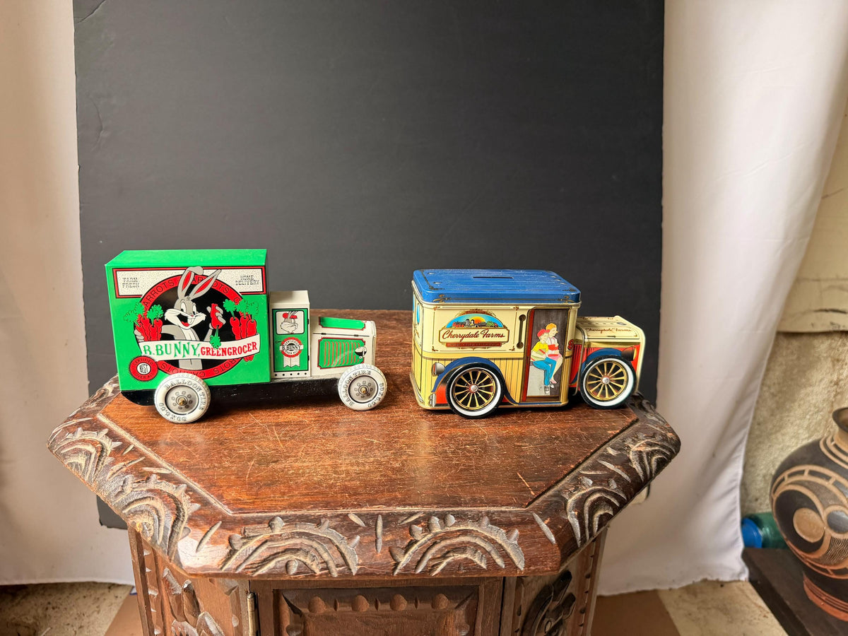 Vintage Mid-Century Tinplate Bugs Bunny & Cherrydale Farms Truck Pair 7.4 in