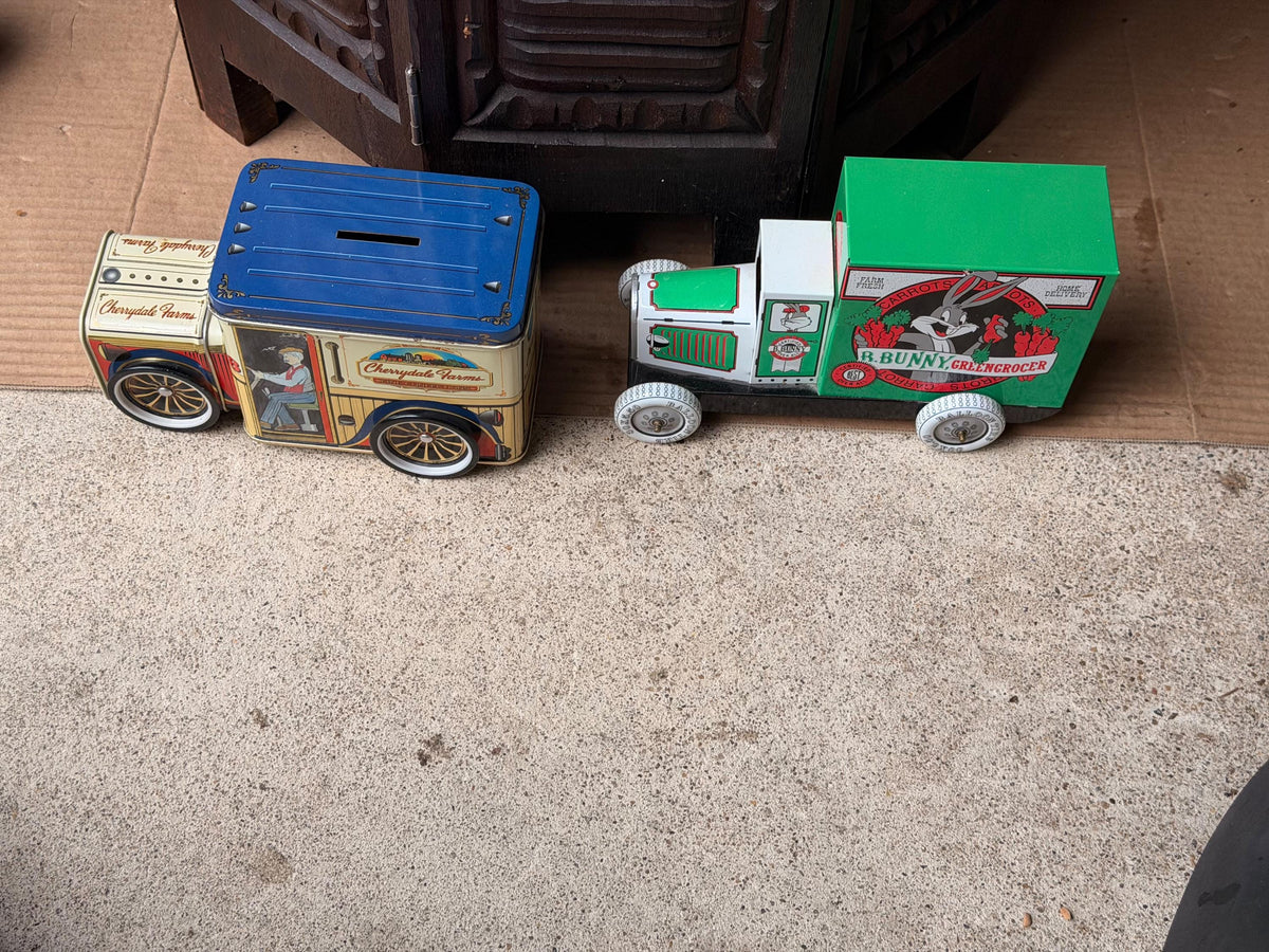 Vintage Mid-Century Tinplate Bugs Bunny & Cherrydale Farms Truck Pair 7.4 in