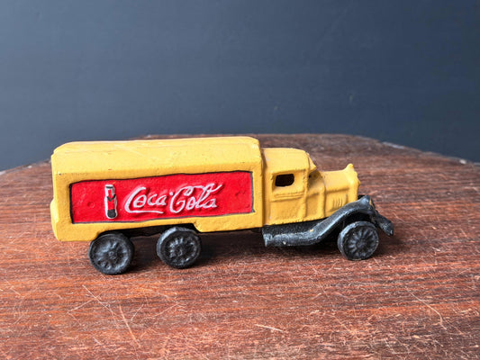 Vintage Cast Iron Coca Cola Yellow Delivery Truck Soda Collectible 7.5 in