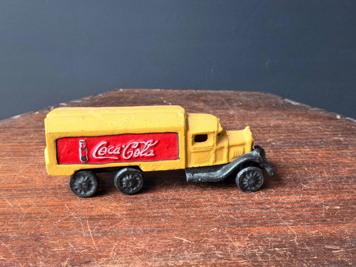 Vintage Cast Iron Coca Cola Yellow Delivery Truck Soda Collectible 7.5 in