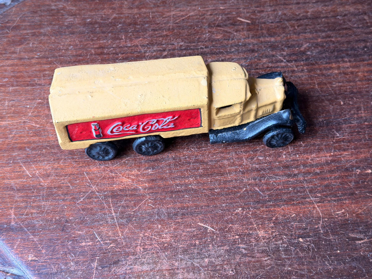 Vintage Cast Iron Coca Cola Yellow Delivery Truck Soda Collectible 7.5 in