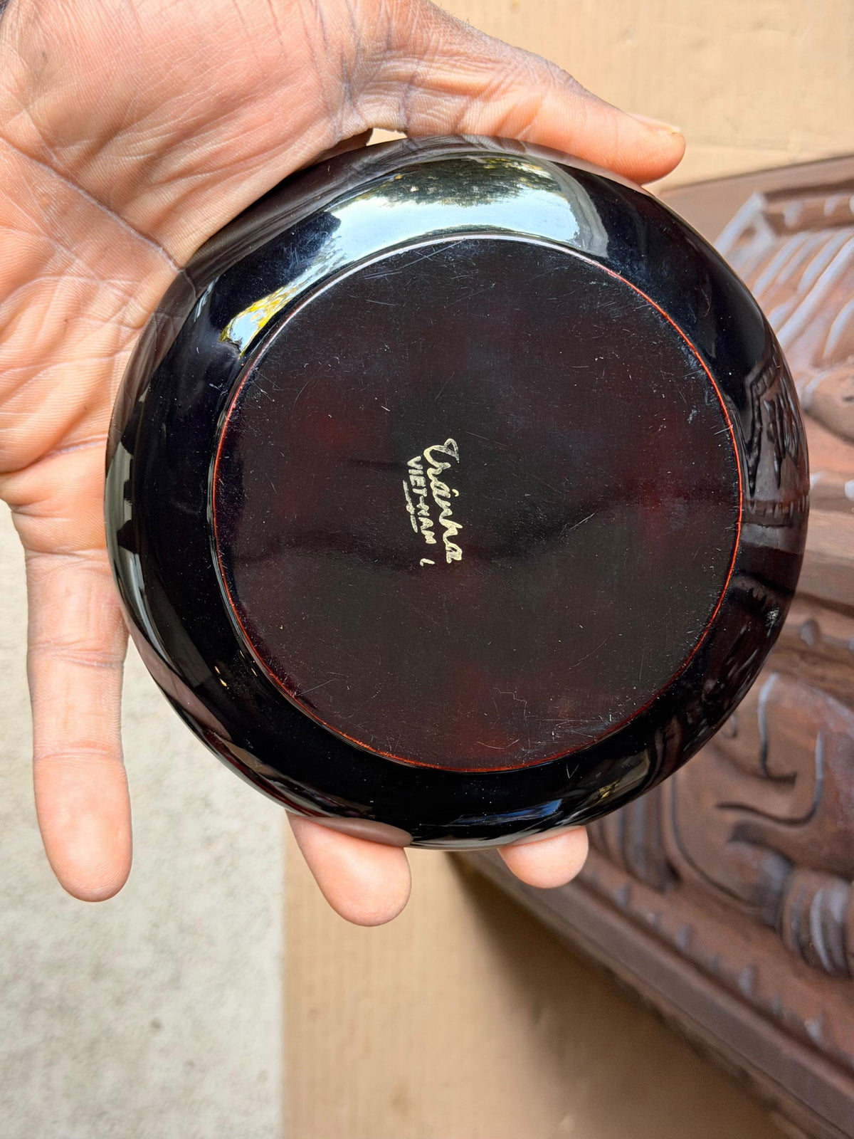 Vintage Vietnamese Lacquer Dish Tranha Red Figure Mid Century 5.5 Saucer