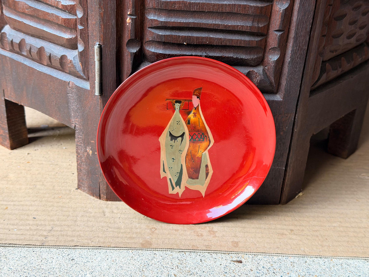 Vintage Vietnamese Lacquer Dish Tranha Red Figure Mid Century 5.5 Saucer