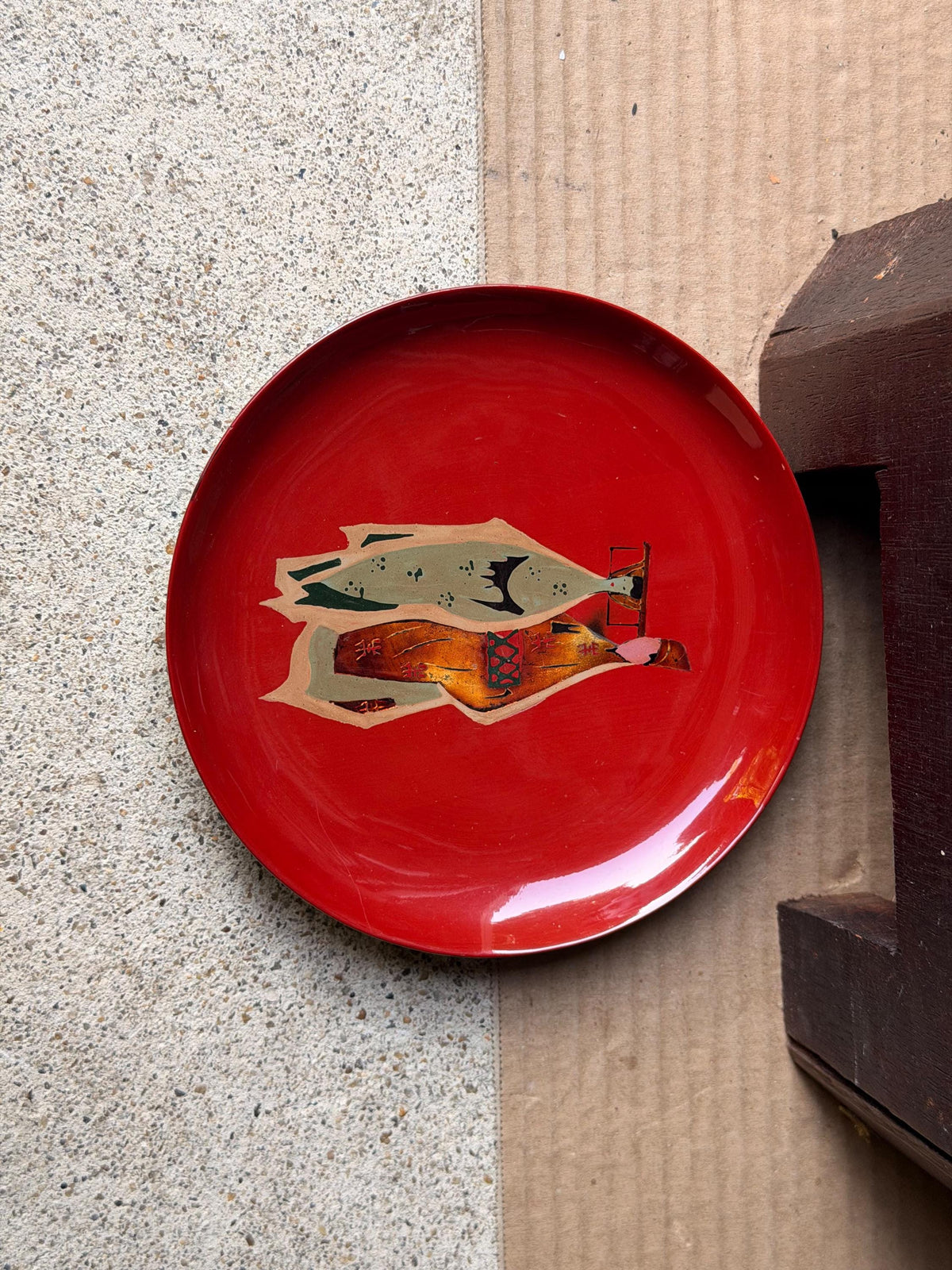 Vintage Vietnamese Lacquer Dish Tranha Red Figure Mid Century 5.5 Saucer